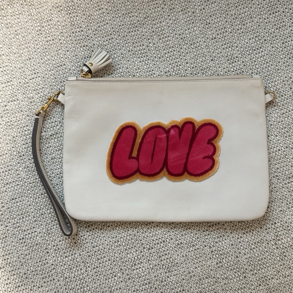 Anya Hindmarch LOVE Wristlet Pouch in Off-White Leather with Velvet‎ Lettering